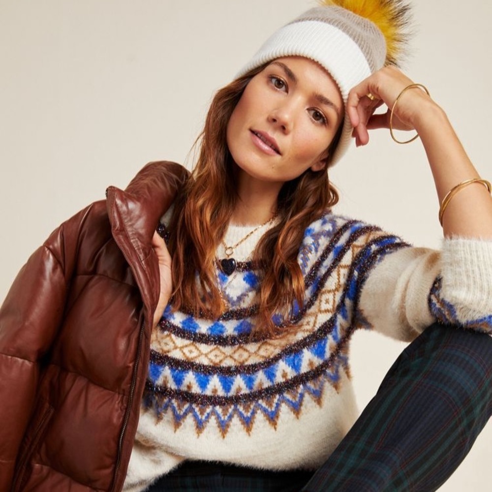 Anthropologie Heartloom Cream Crewneck Fair Isle Fuzzy Sparkled Sweater Size L